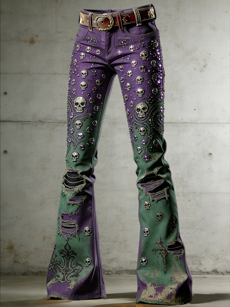 Women's Gothic Skull Art Print Flared Trousers