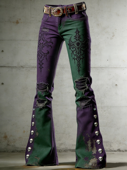 Women's Gothic Skull Art Print Flared Trousers