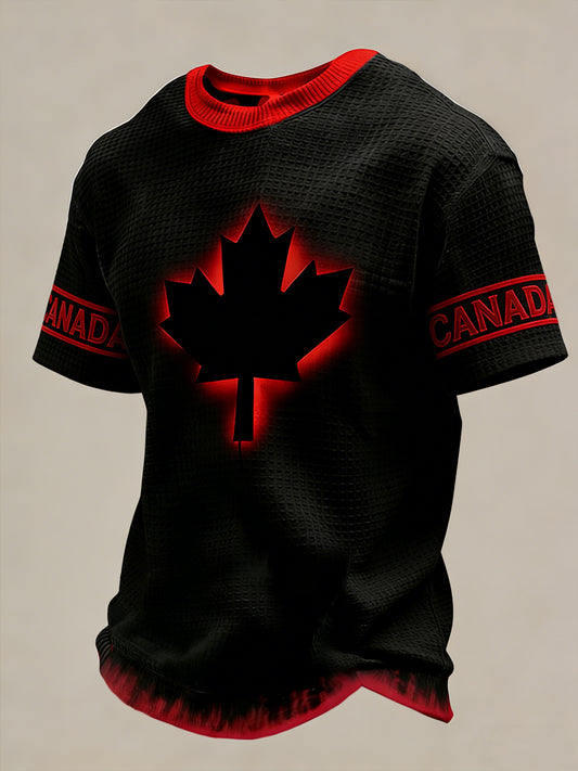Retro Canadian Maple Leaf Gradient Casual Waffle Weave T-Shirt