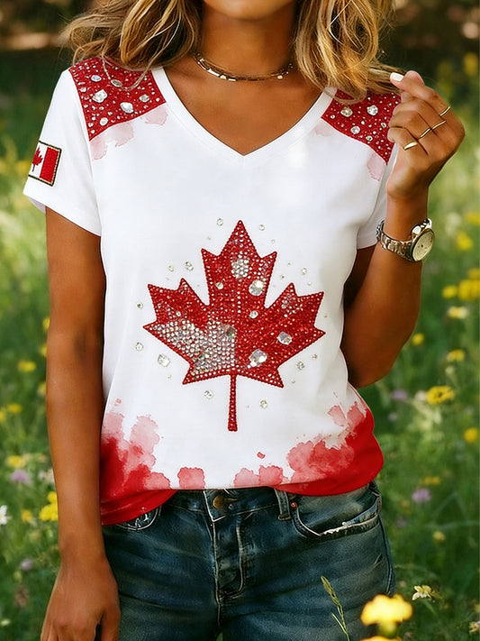 Women's Canadian Maple Leaf Patchwork Sequined Casual V-Neck T-Shirt