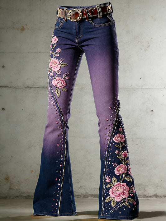 Women's Flower Art Print Flared Trousers