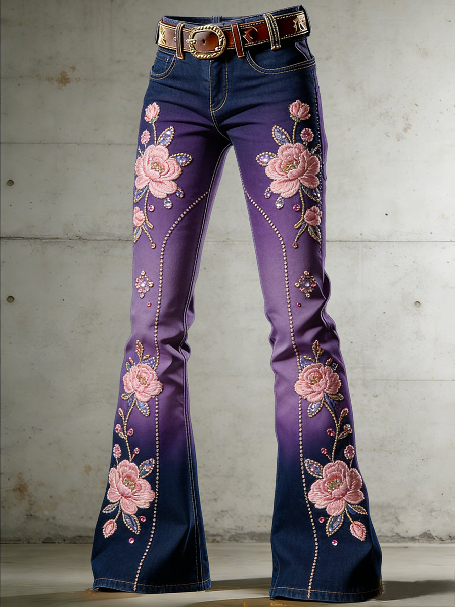 Women's Flower Art Print Flared Trousers