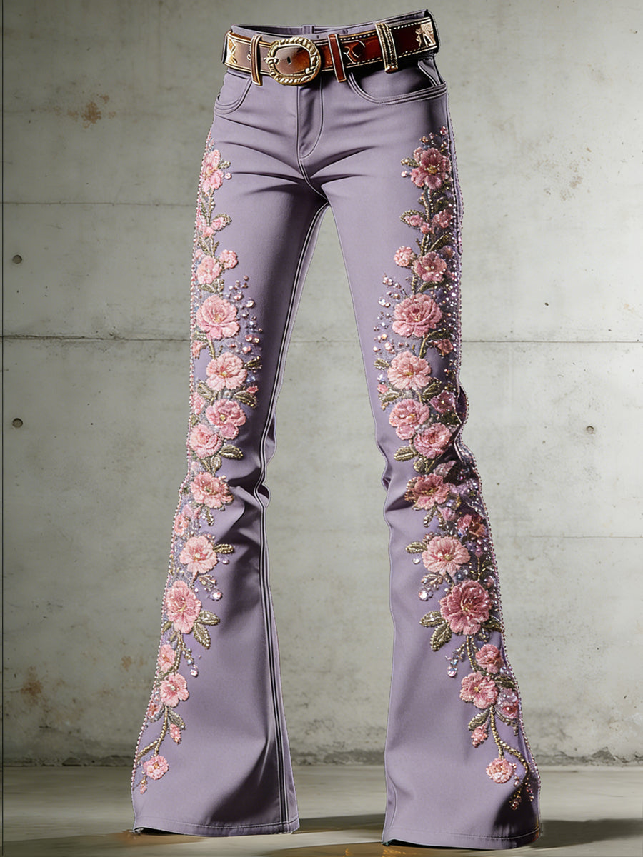 Women's Flower Art Print Flared Trousers