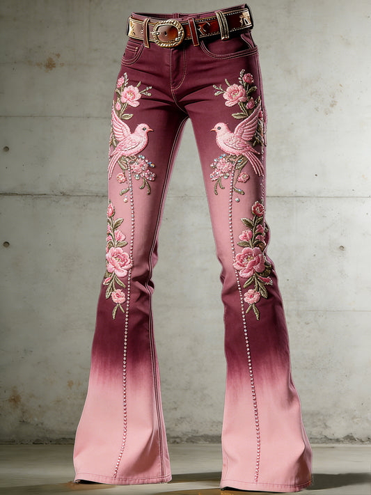 Women's Flower Art Print Flared Trousers