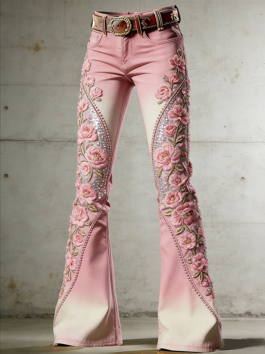 Women's Flower Art Print Flared Trousers