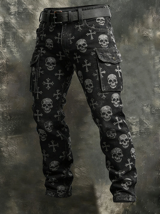 Men's Retro Vacation Business Gothic Skull Art Print Casual Workwear Trousers