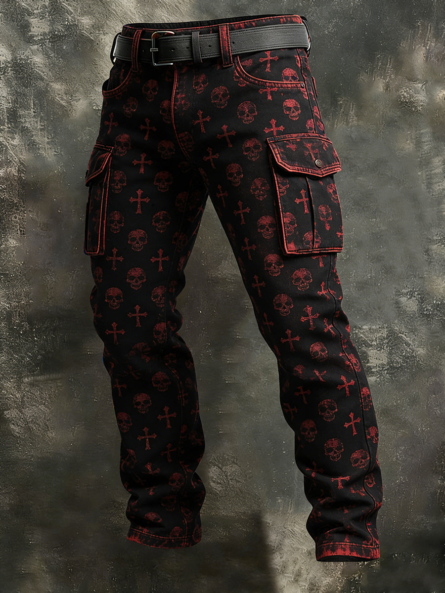 Men's Retro Vacation Business Gothic Skull Art Print Casual Workwear Trousers