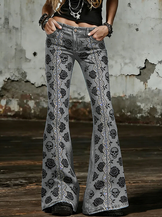 Women's Gothic Skull Art Print Flared Trousers