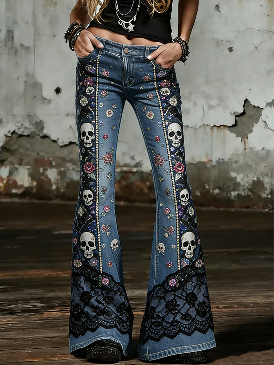 Women's Gothic Skull Art Print Flared Trousers