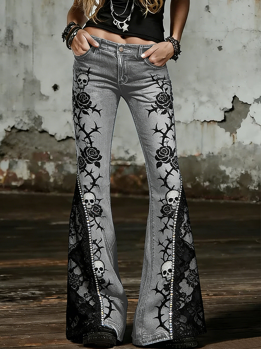 Women's Gothic Skull Art Print Flared Trousers