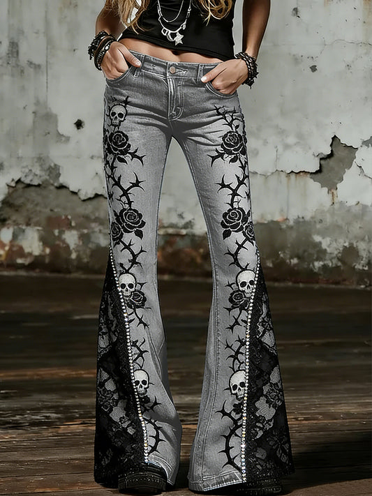 Women's Gothic Skull Art Print Flared Trousers