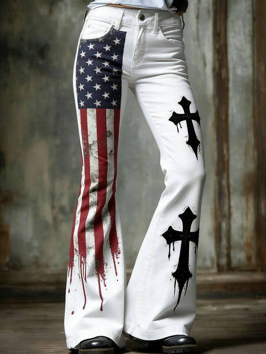 Women's  Retro American Faith Cross Art Print Flared Trousers