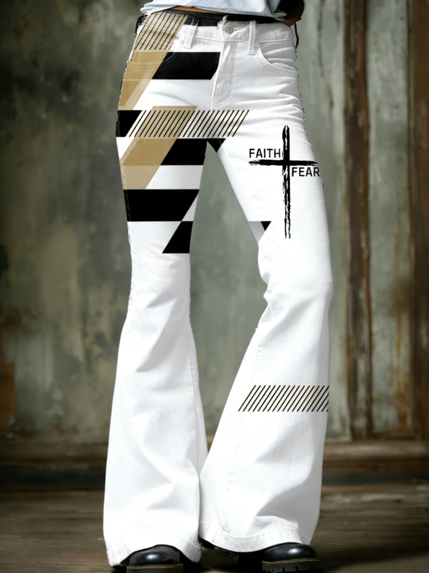 Women's  Retro Faith Cross Art Print Flared Trousers