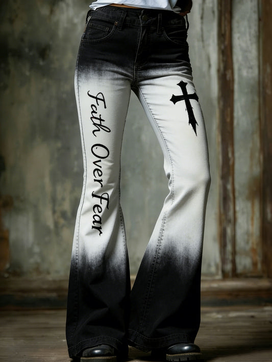 Women's  Retro Faith Cross Gradient Art Print Flared Trousers