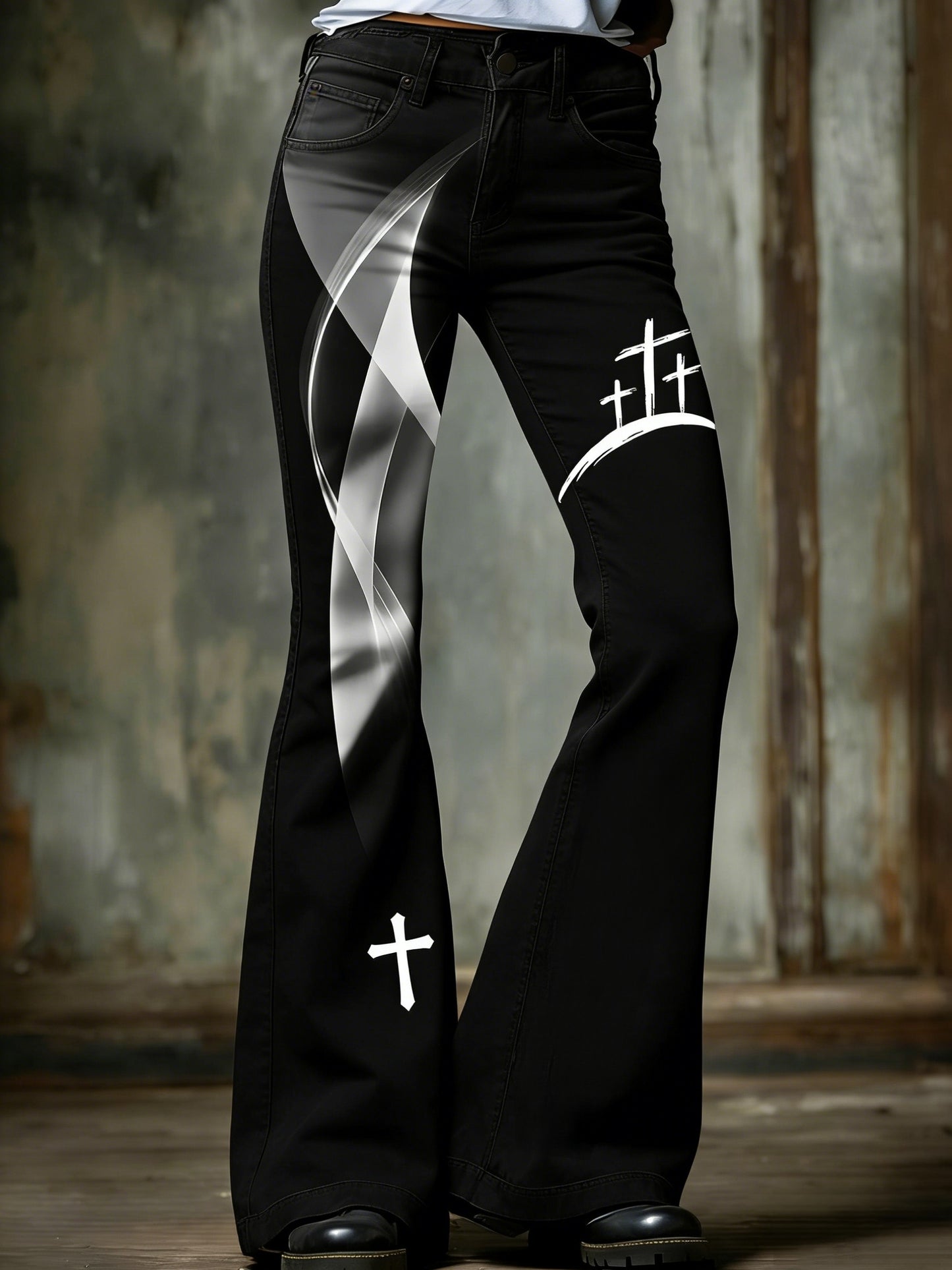 Women's  Retro Faith Cross Art Print Flared Trousers