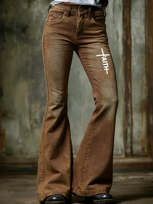 Women's  Retro Faith Cross Art Print Flared Trousers
