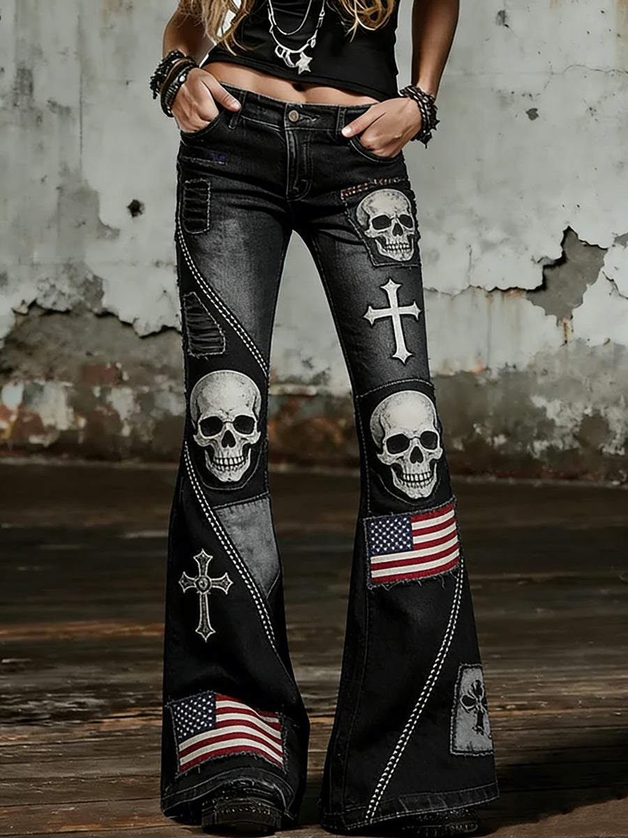 Women's Skull Art Print Flared Trousers