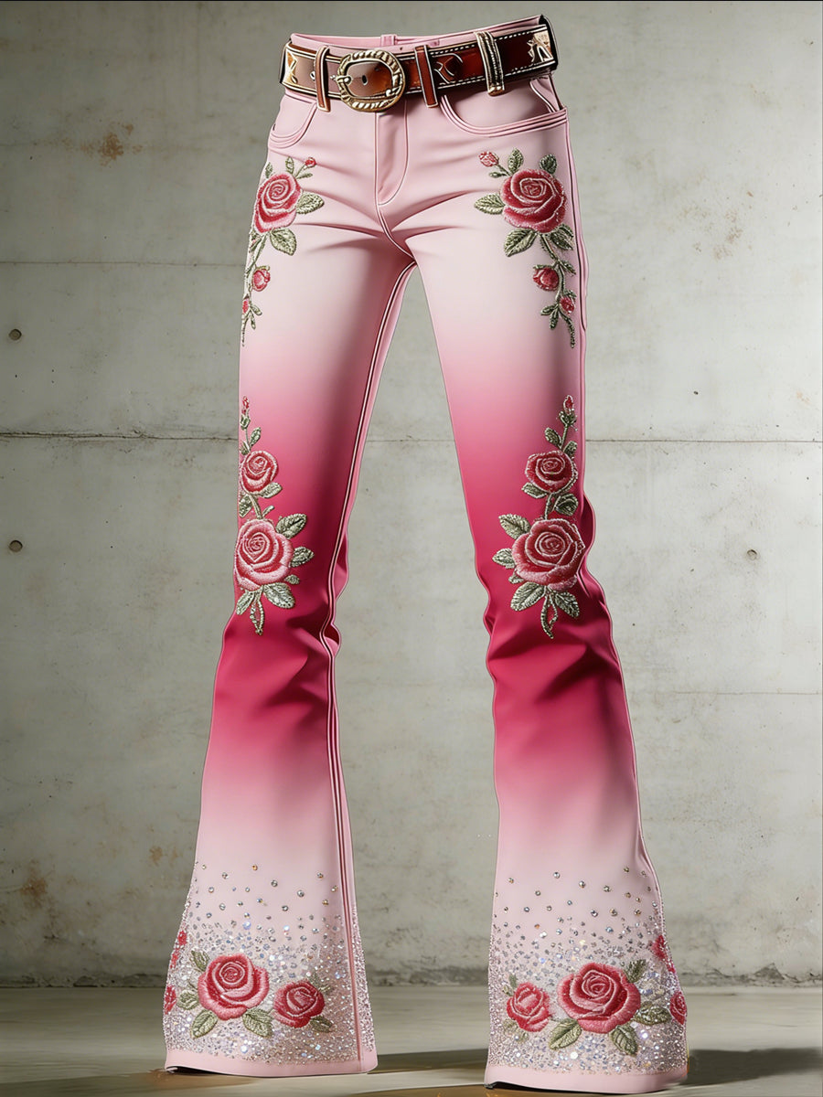 Women's Flower Art Print Flared Trousers