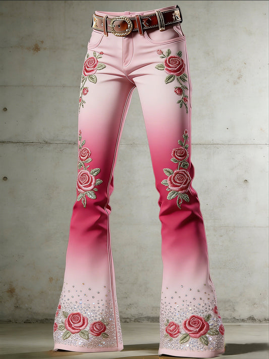 Women's Flower Art Print Flared Trousers