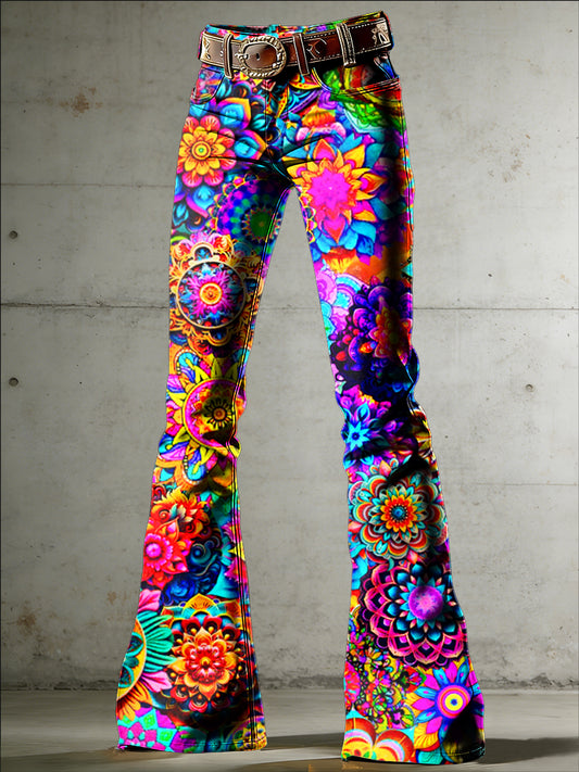 Women's Hippie Art Print Flared Trousers