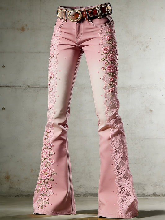 Women's Flower Art Print Flared Trousers