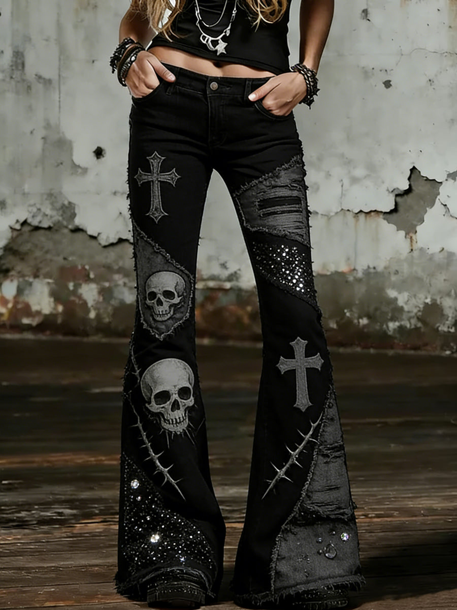 Women's Gothic Skull Art Print Flared Trousers