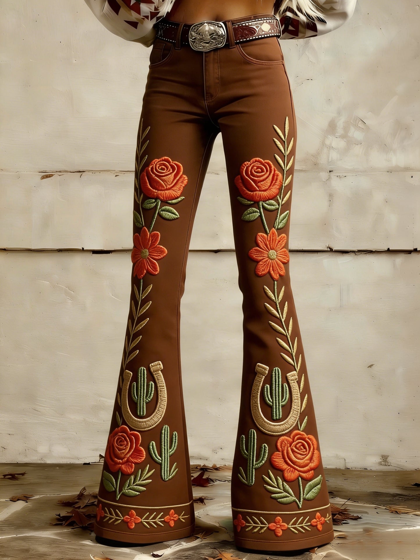 Women's  Vintage Western Floral Cactus Art Print Flared Trousers