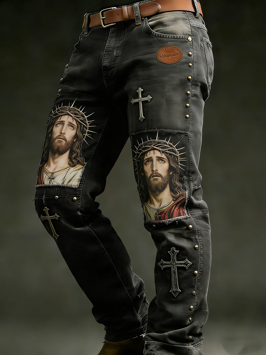 Men's Retro Vacation Business Faith Art Print Casual Workwear Trousers