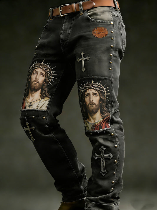 Men's Retro Vacation Business Faith Art Print Casual Workwear Trousers