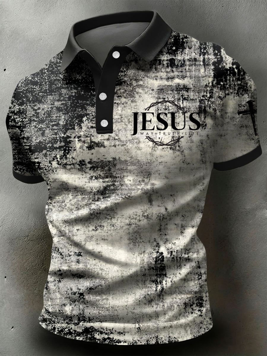Retro-inspired Cross Abstract Texture Casual Polo Shirt