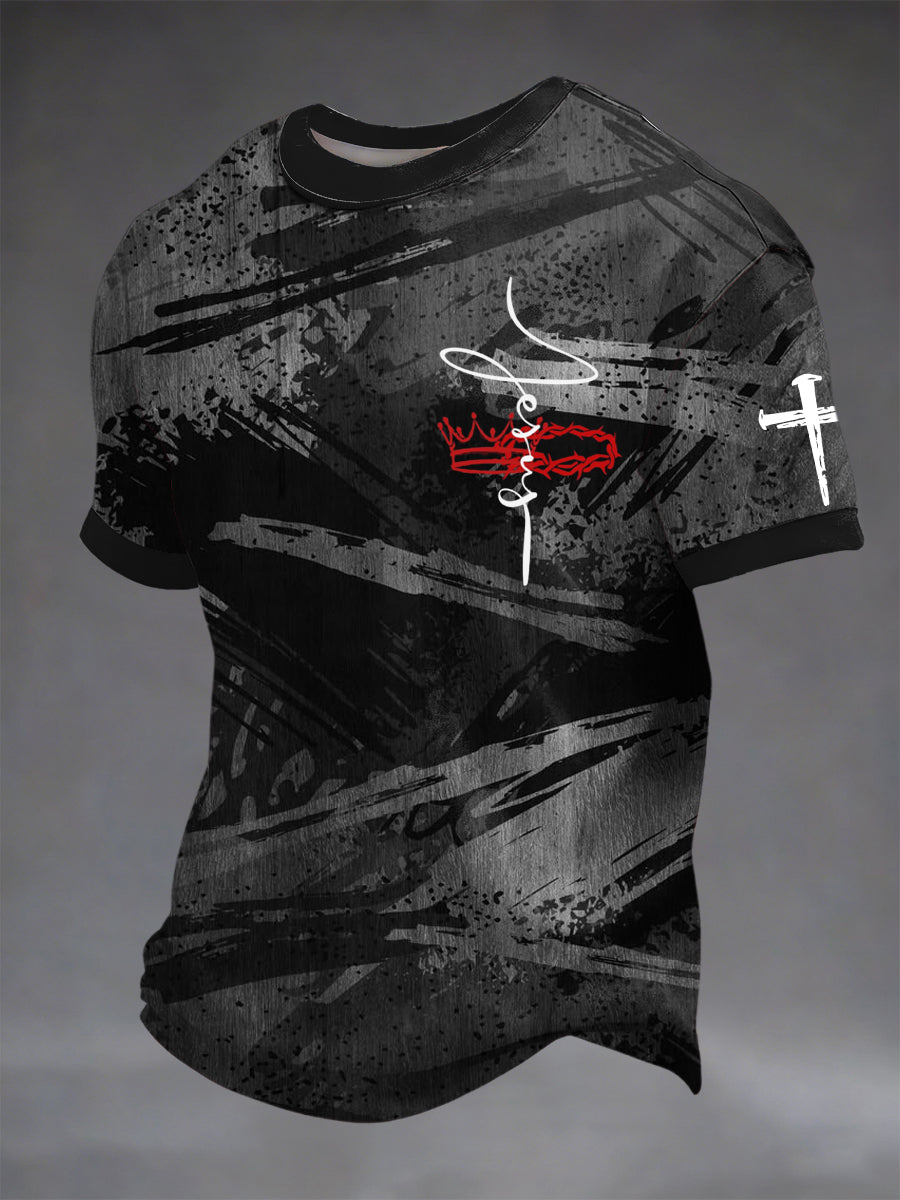 Retro-Inspired Abstract Ink-Washed Casual T-Shirt