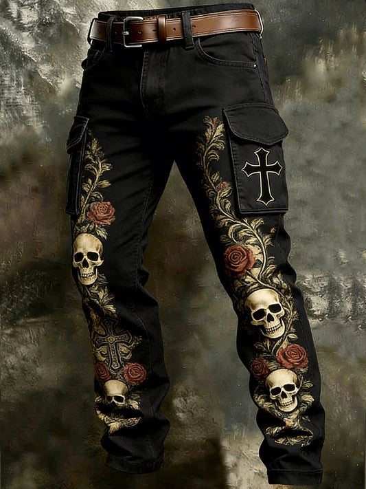 Men's Retro Vacation Business Skull Art Print Casual Workwear Trousers