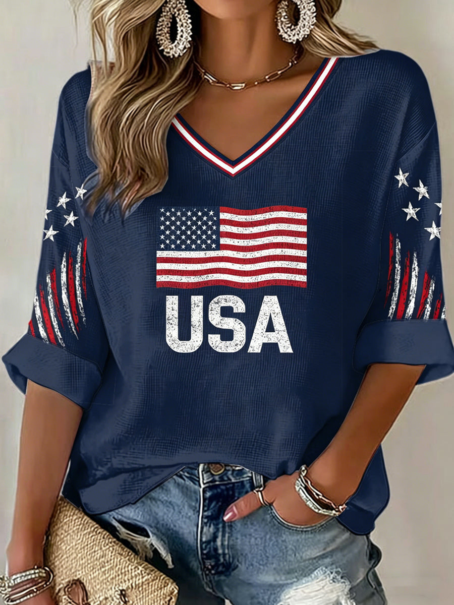 Women's V-neck Mid-Sleeve USA Soccer Printed Casual T-shirt