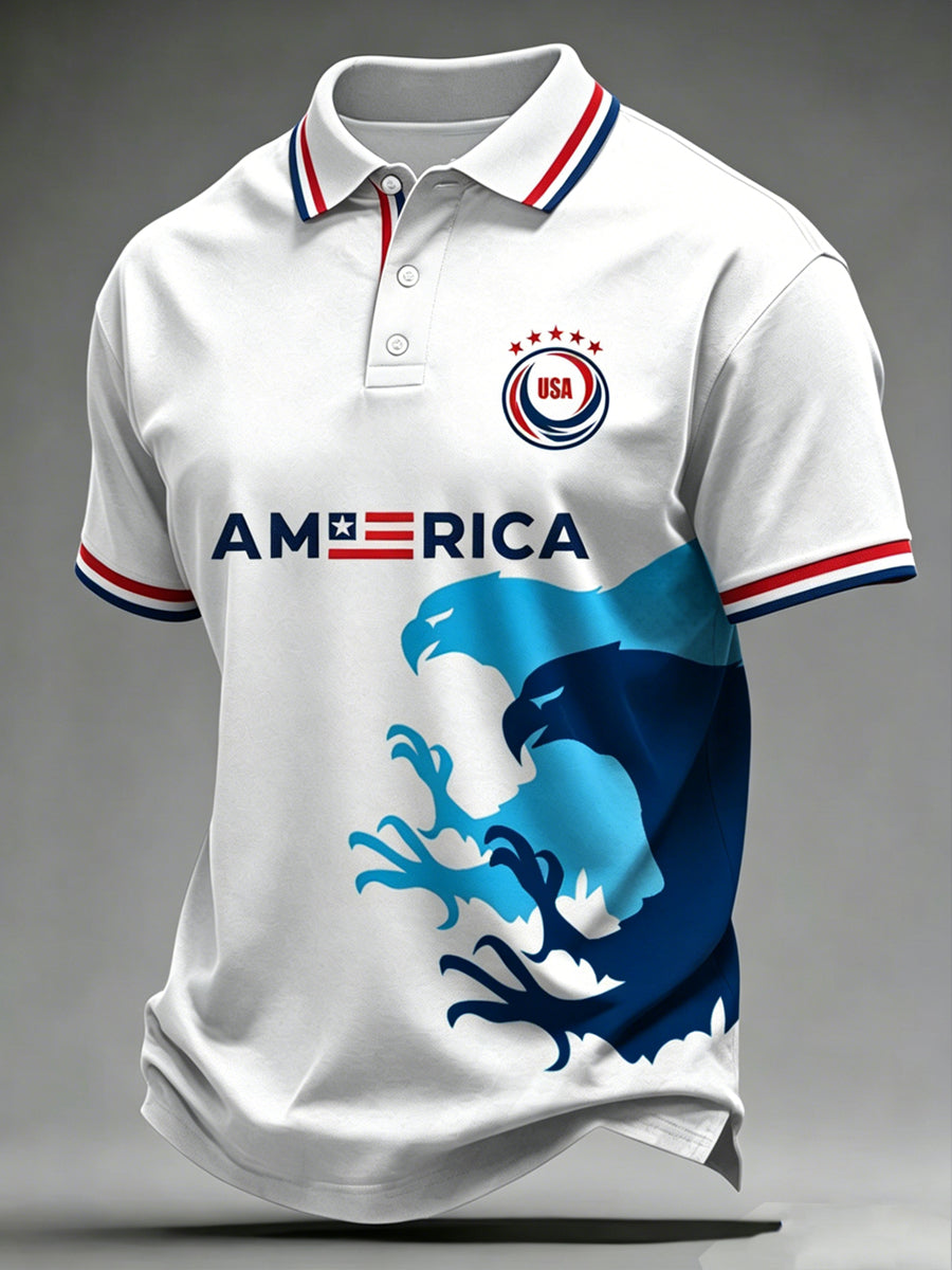 Men's USA Football Print Polo Collar Casual Short Sleeved Shirt