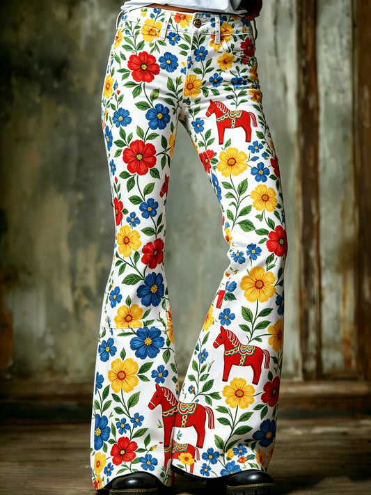 Women's Swedish Midsummer Festival Commemorative Art Print Trousers