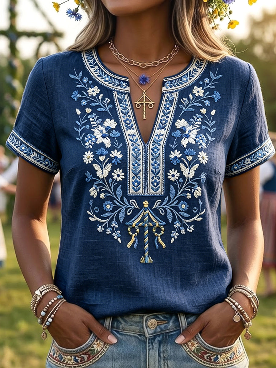 Women's Retro Swedish Midsummer Floral Art V-Neck T-Shirt