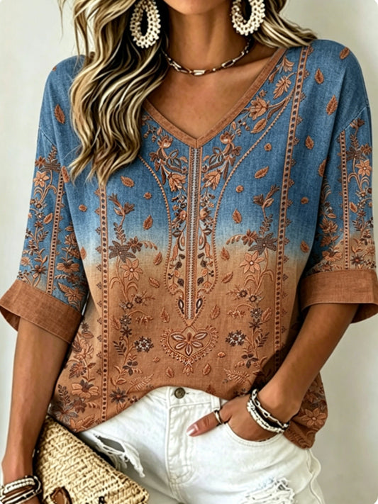 Women's Vintage Bohemian Embroidered Floral V-Neck Cotton-Linen Top