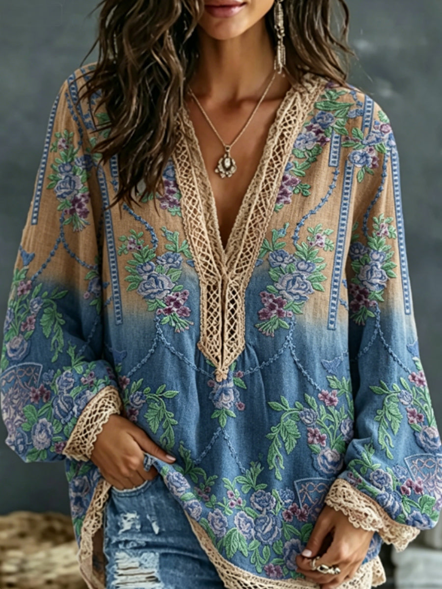 Women's Bohemian Floral Embroidery Art Contrast Color Linen Blend V-Neck Long Sleeve Shirt