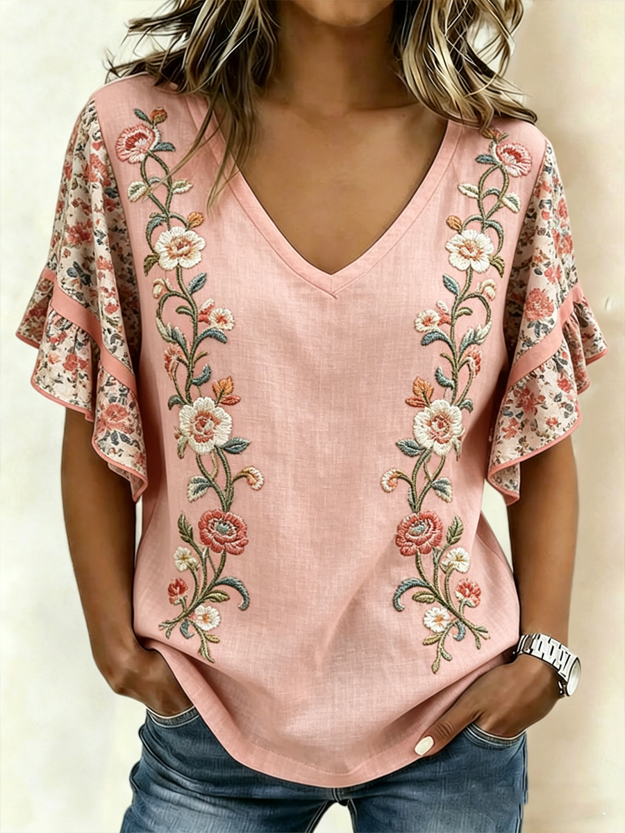 Women's Pink Floral Print Short Sleeve T-Shirt