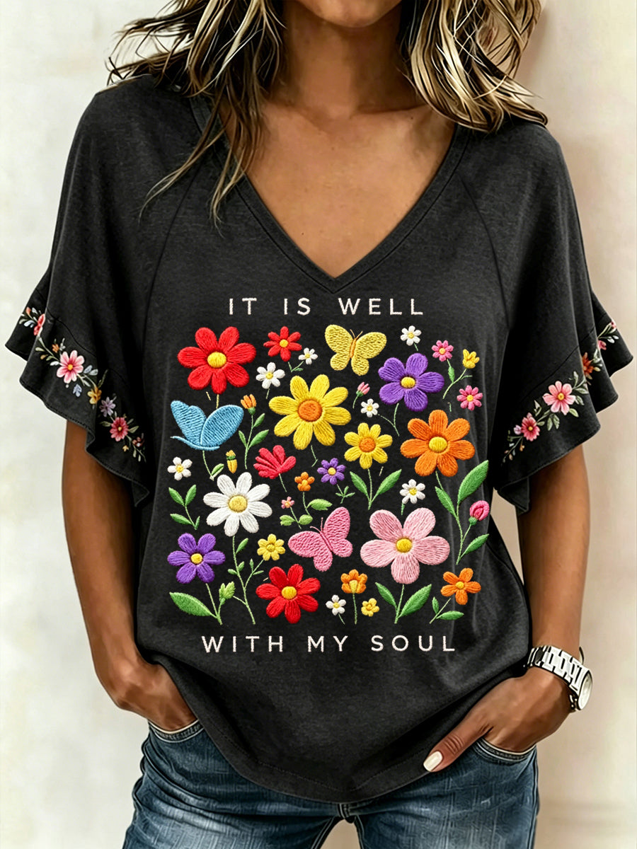 Women's It Is Well With My Soul Floral Print Casual Ruffle Sleeve Tee