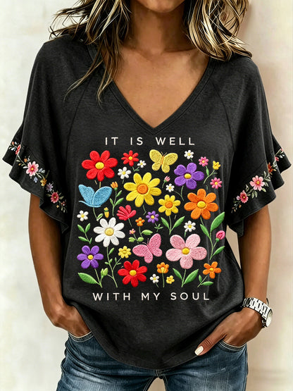Women's It Is Well With My Soul Floral Print Casual Ruffle Sleeve Tee