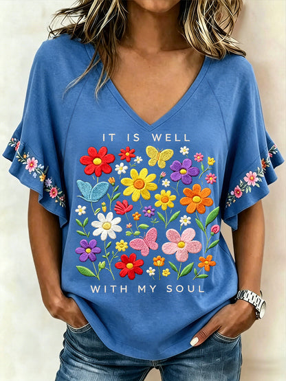 Women's It Is Well With My Soul Floral Print Casual Ruffle Sleeve Tee