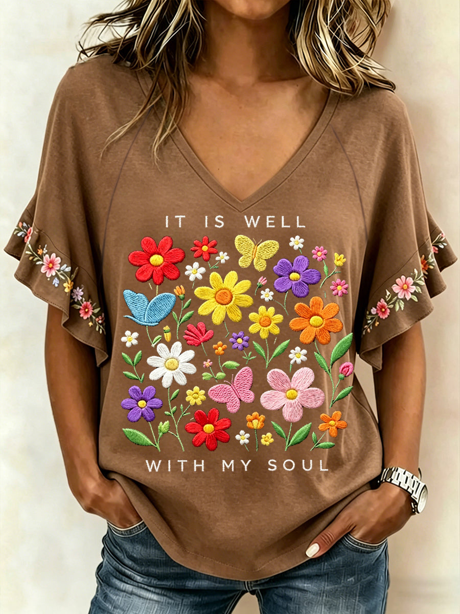 Women's It Is Well With My Soul Floral Print Casual Ruffle Sleeve Tee