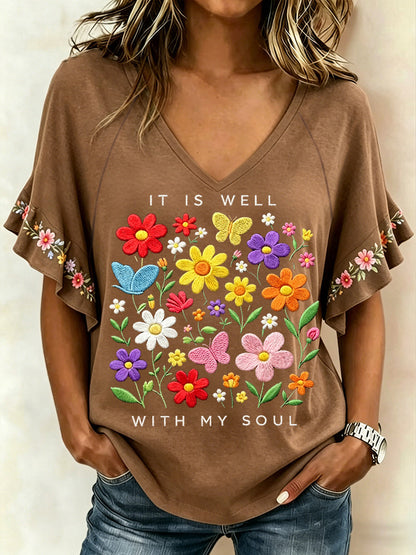 Women's It Is Well With My Soul Floral Print Casual Ruffle Sleeve Tee