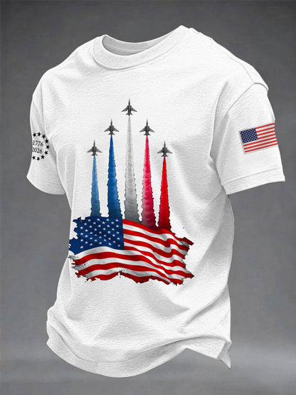 Men's Independence Day American Flag Jet Planes Print Casual Tee