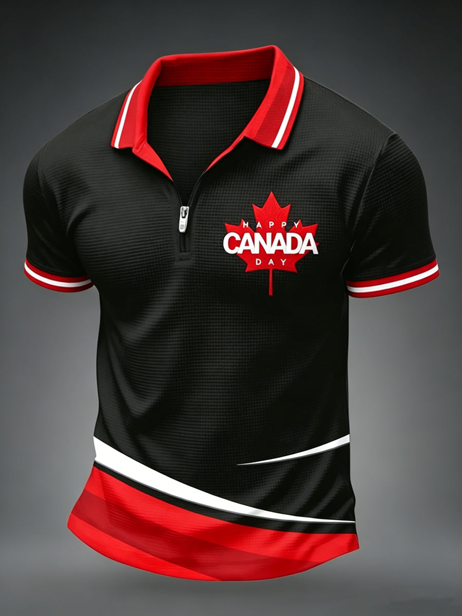Men's Canada Day Print Polo Collar Casual Short Sleeved Waffle Shirt