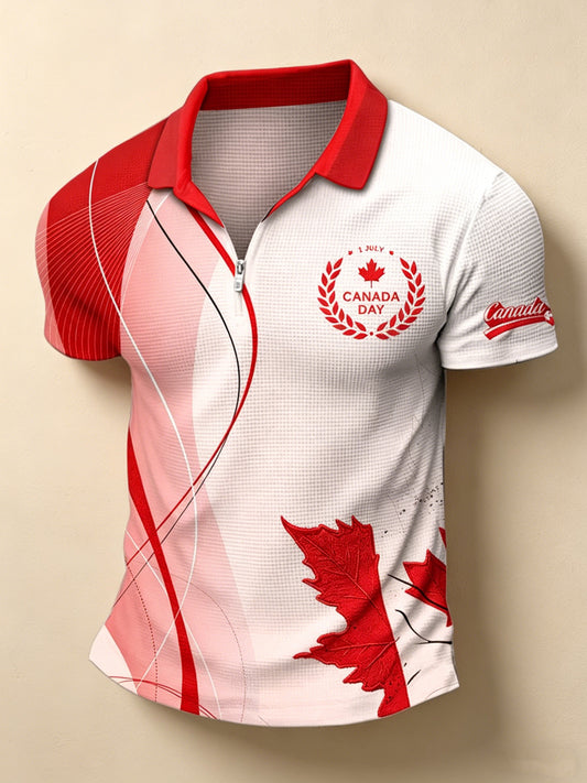 Men's Canada Day Print Polo Collar Casual Short Sleeved Waffle Shirt