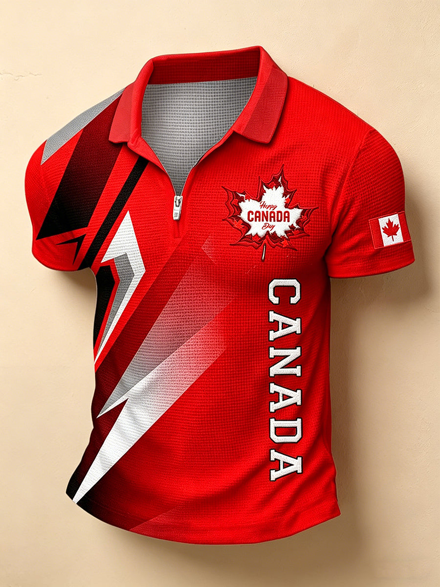 Men's Canada Day Print Polo Collar Casual Short Sleeved Waffle Shirt
