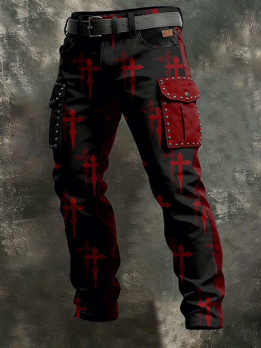 Men's Retro Vacation Business Punk Cross Art Print Casual Workwear Trousers