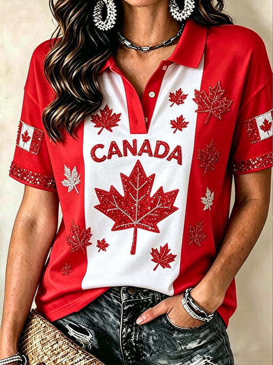 Women's Canada Day Print Polo Collar Casual Short Sleeved Shirt